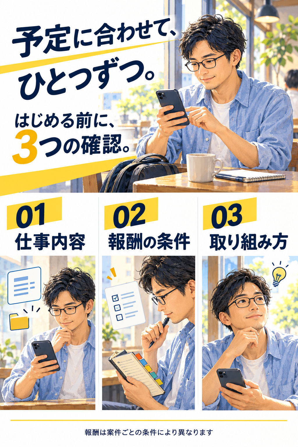 はじめる前に3つの確認。01 仕事内容、02 報酬の条件、03 取り組み方。報酬は案件ごとの条件により異なります。