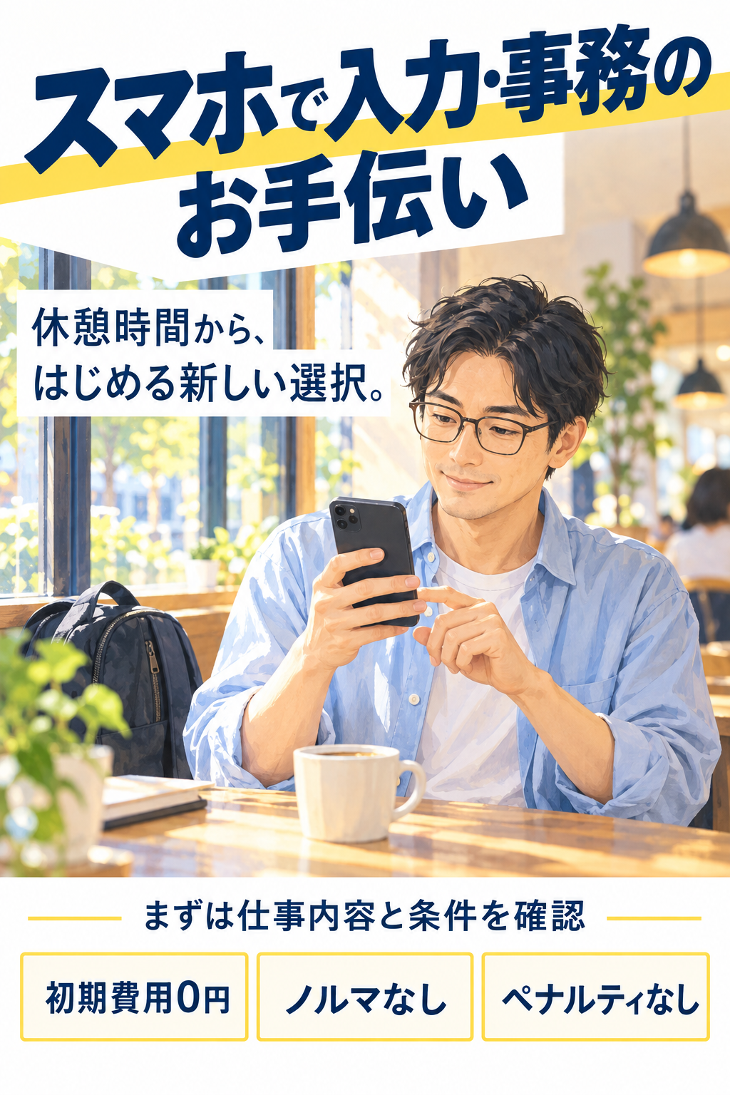 休憩時間から、はじめる新しい選択。 スマホで入力・事務のお手伝い。初期費用0円・ノルマなし・ペナルティなし。まずは仕事内容と条件を確認。